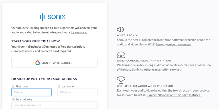 Step 1: Create a free Sonix account to convert your M4A file to text