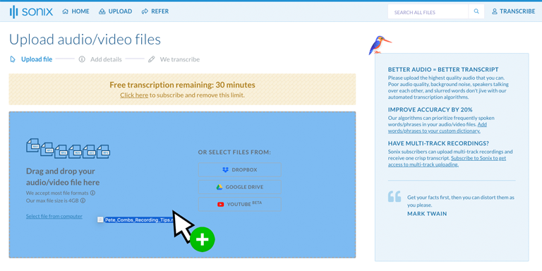 Step 2: Upload your M4A files from your computer, Google Drive, Dropbox, or by dragging it on the page.