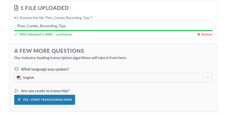 Step 3: Select the language spoken in your M4A file, then click 'Start Transcribing Now.'