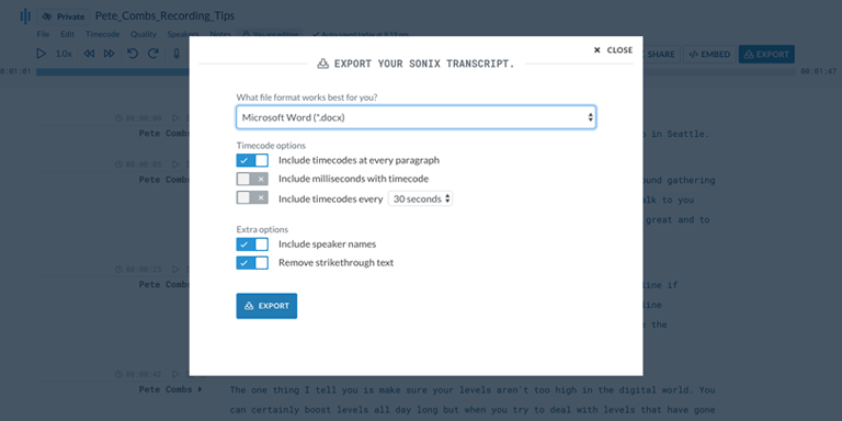 Step 6: Download a DOCX version of your VOB file by clicking Export and selecting 'Microsoft Word (.docx).'