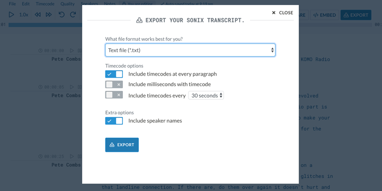 Step 6: Download a text version of your M4A file by clicking Export and selecting 'Text file (.txt).'